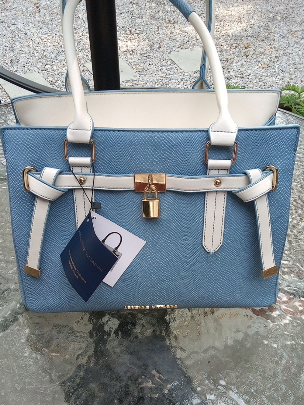 Adrienne Vittadini Light Blue and White Satchel with Gold "Lock"